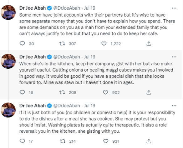 Joe Abah tweets on marriage for men