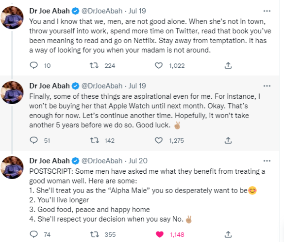 Joe Abah tweets on marriage tips for men