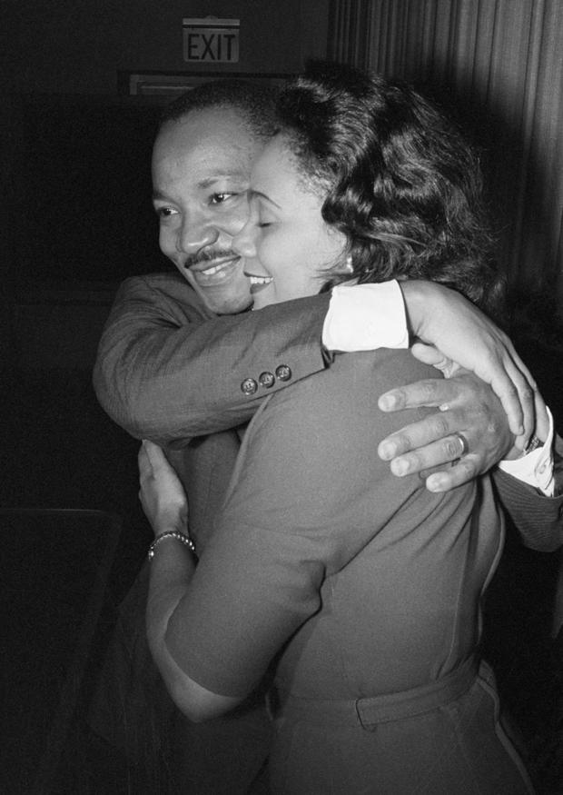 An embrace between Martin Luther King Jr. and Coretta Scot King where Thomas got inspiration to design The Embrace
