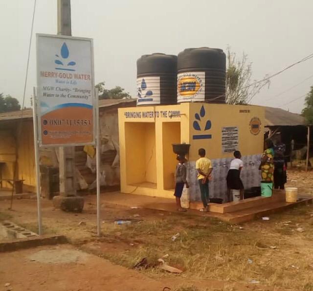 Borehole fetching point facility provided by Prince Akeem Adenuga (Founder of Merry-Gold Water Charity) for the Odo-Ayandelu rural community in Lagos State, Nigeria